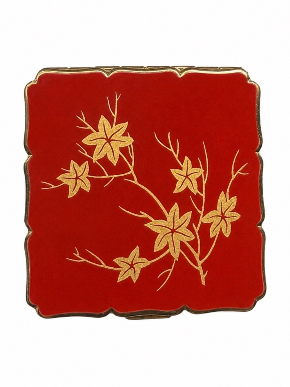 Vintage Stratton England Red Enamel Compact Mirror with Gold Maple Leaf Design